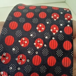 ARMARICHI MEN'S DARK NAVY TIE WITH SILVER & RED DOTS & CLEAR & RED CRYSTALS